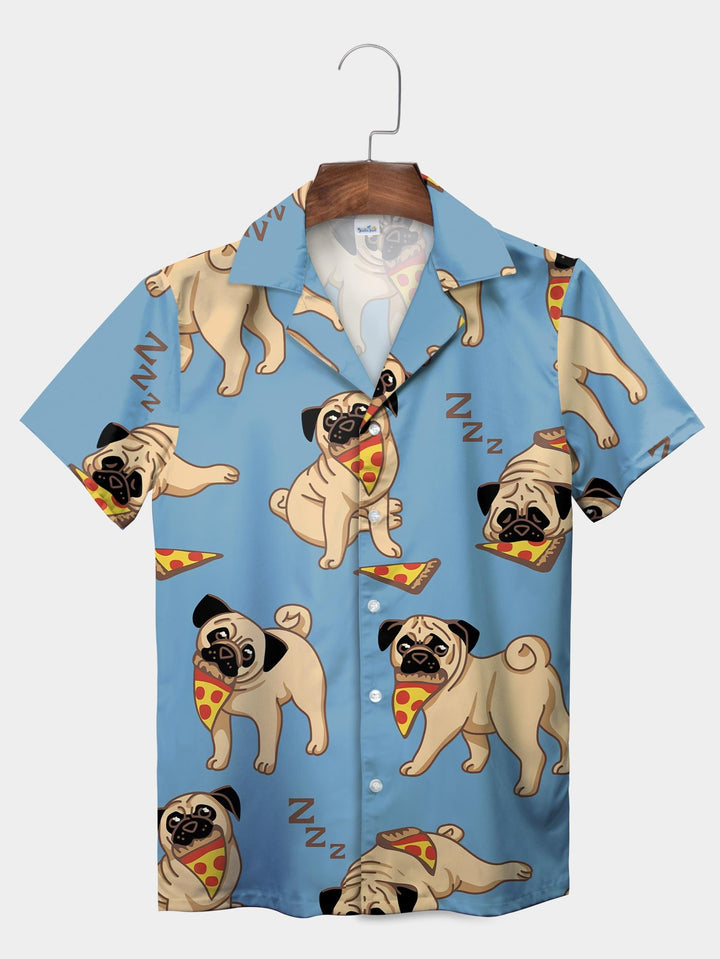 Blue Pug Eating Pizza Fun Cartoon Sleepy Dog Short Sleeve Aloha Shirt  Front