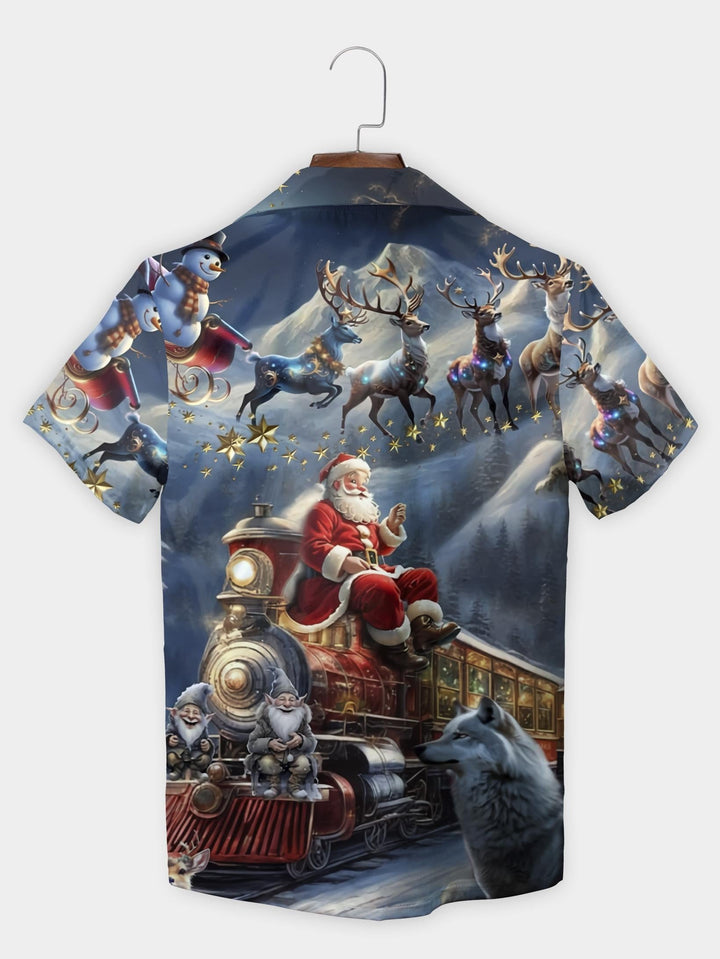 Blue Santa Claus Reindeer Train Christmas Short Sleeve Aloha Shirt  Back