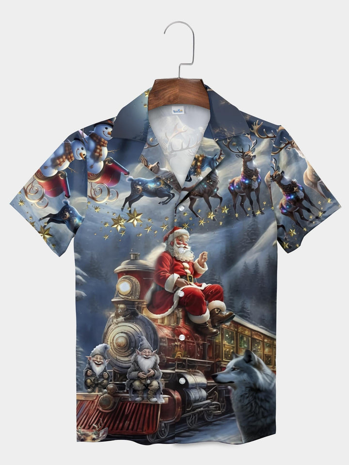 Blue Santa Claus Reindeer Train Christmas Short Sleeve Aloha Shirt  Front