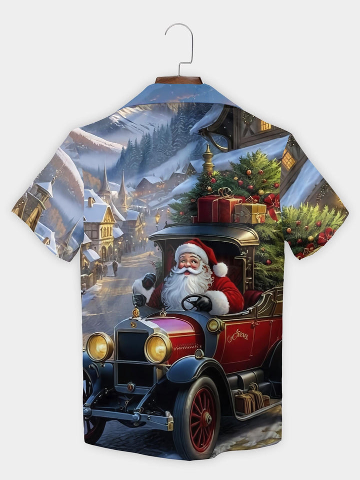 Blue Santa Driving Car Festive Village Scene Short Sleeve Aloha Shirt  Back