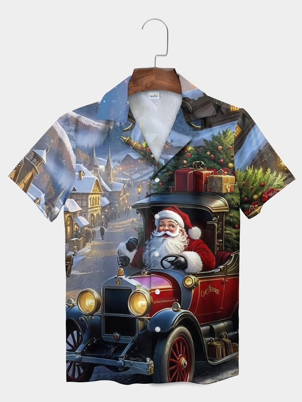 Blue Santa Driving Car Festive Village Scene Short Sleeve Aloha Shirt  Front