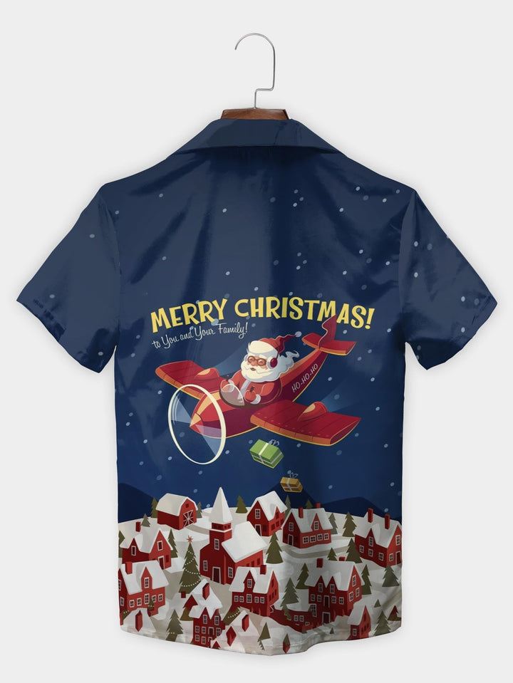 Blue Santa Flying Airplane Merry Christmas Short Sleeve Aloha Shirt  Back