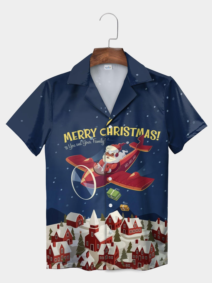 Blue Santa Flying Airplane Merry Christmas Short Sleeve Aloha Shirt  Front