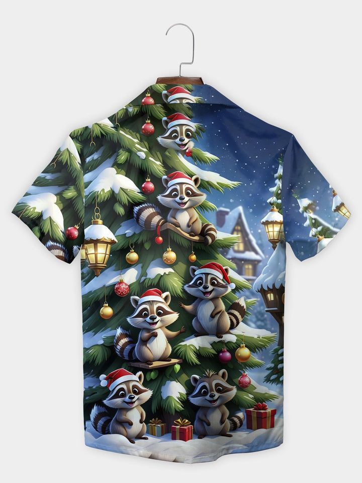 Blue Santa Raccoons Decorating Christmas Tree Short Sleeve Aloha Shirt  Back