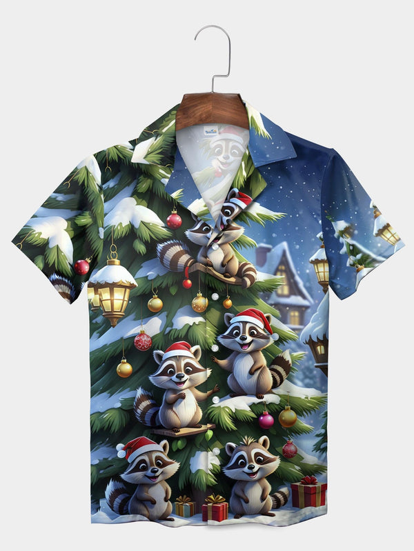 Blue Santa Raccoons Decorating Christmas Tree Short Sleeve Aloha Shirt  Front