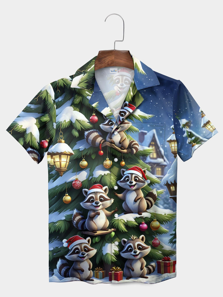 Blue Santa Raccoons Decorating Christmas Tree Short Sleeve Aloha Shirt  Pocket