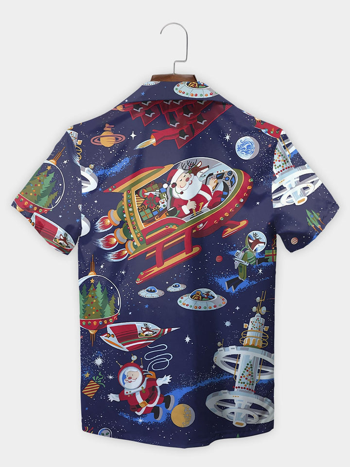 Blue Santa Spaceship Adventure Outer Space Short Sleeve Aloha Shirt  Back