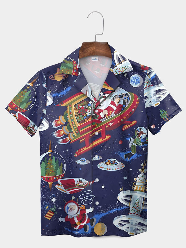 Blue Santa Spaceship Adventure Outer Space Short Sleeve Aloha Shirt  Front