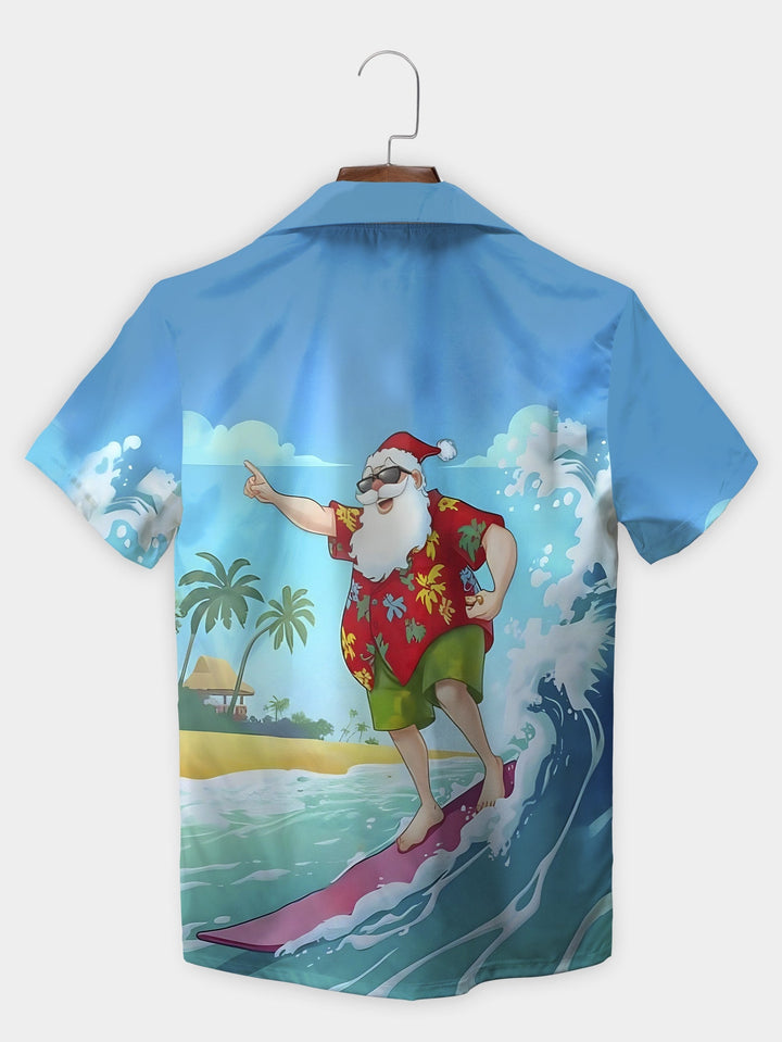 Blue Santa Surfing Tropical Beach Palm Tree Short Sleeve Hawaiian Shirt  Back