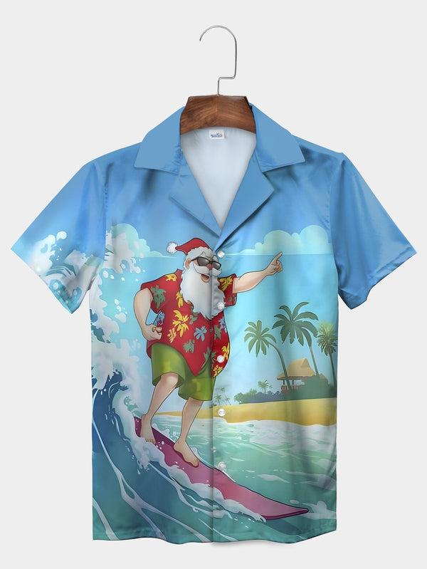 Blue Santa Surfing Tropical Beach Palm Tree Short Sleeve Hawaiian Shirt  Front