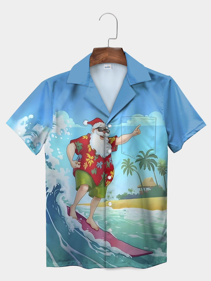 Blue Santa Surfing Tropical Beach Palm Tree Short Sleeve Hawaiian Shirt  Pocket