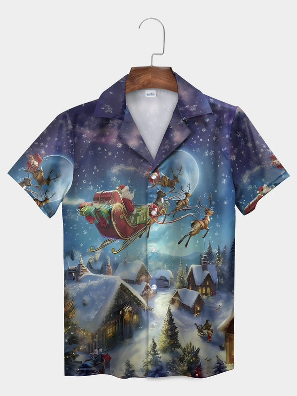 Blue Santa's Sleigh Reindeer Under Full Moon Short Sleeve Hawaiian Shirt  Front