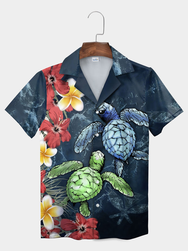 Blue Sea Turtles Hibiscus Flower Hawaiian Shirt