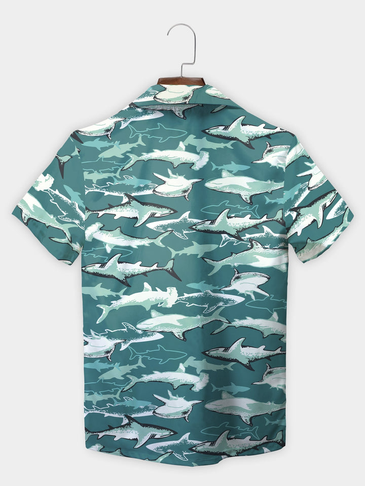 Blue Shark Ocean Wildlife Graphic Print Short Sleeve Hawaiian Shirt  Back