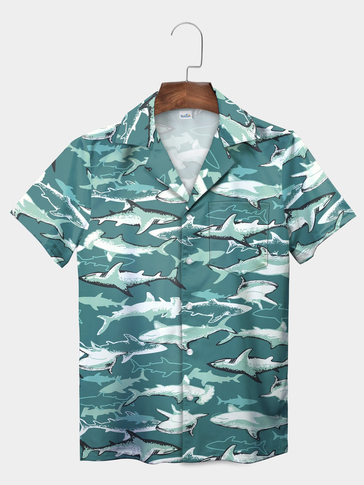 Blue Shark Ocean Wildlife Graphic Print Short Sleeve Hawaiian Shirt  Front