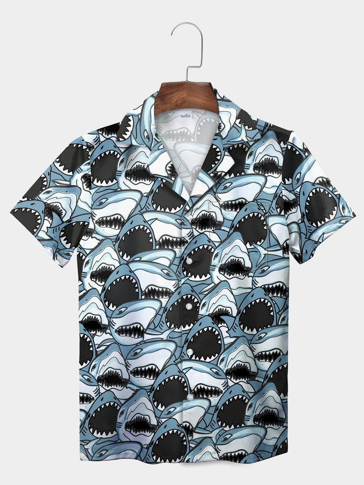 Blue Sharks Swimming In Style Graphic Short Sleeve Hawaiian Shirt  Front