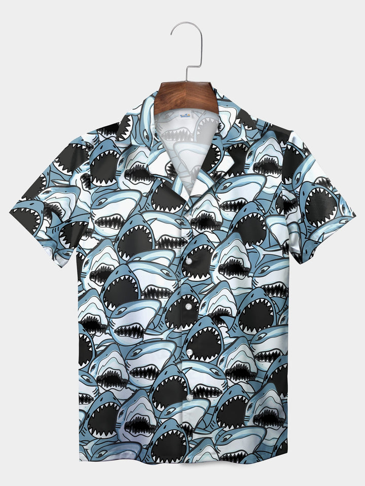 Blue Sharks Swimming In Style Graphic Short Sleeve Hawaiian Shirt  Pocket