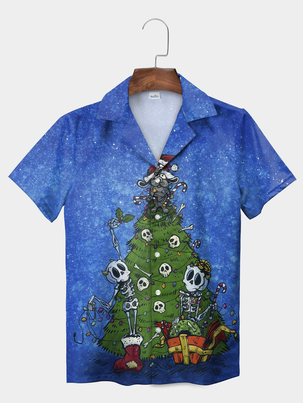 Blue Skeleton Christmas Tree Design Short Sleeve Aloha Shirt  Front