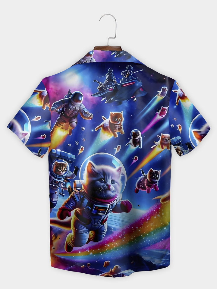 Blue Space Cat Astronaut Galaxy Adventure Short Sleeve Hawaiian Shirt  Back