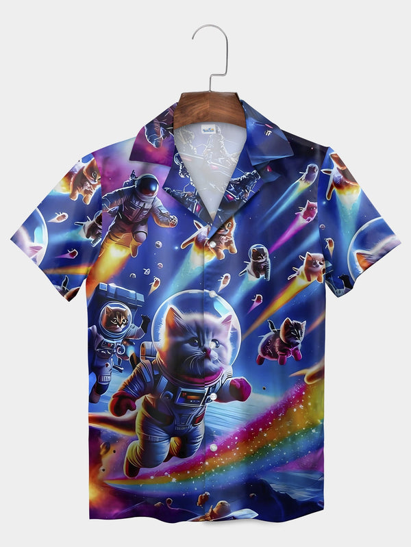 Blue Space Cat Astronaut Galaxy Adventure Short Sleeve Hawaiian Shirt  Front