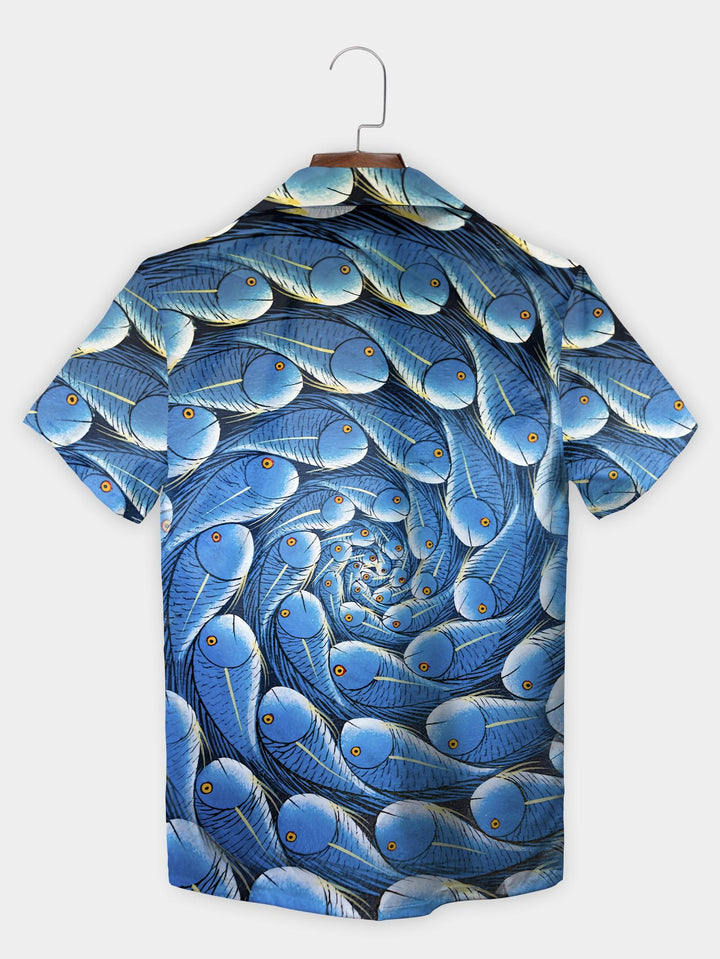 Blue Spiral Fish Hypnotic Swirling School Short Sleeve Aloha Shirt  Back