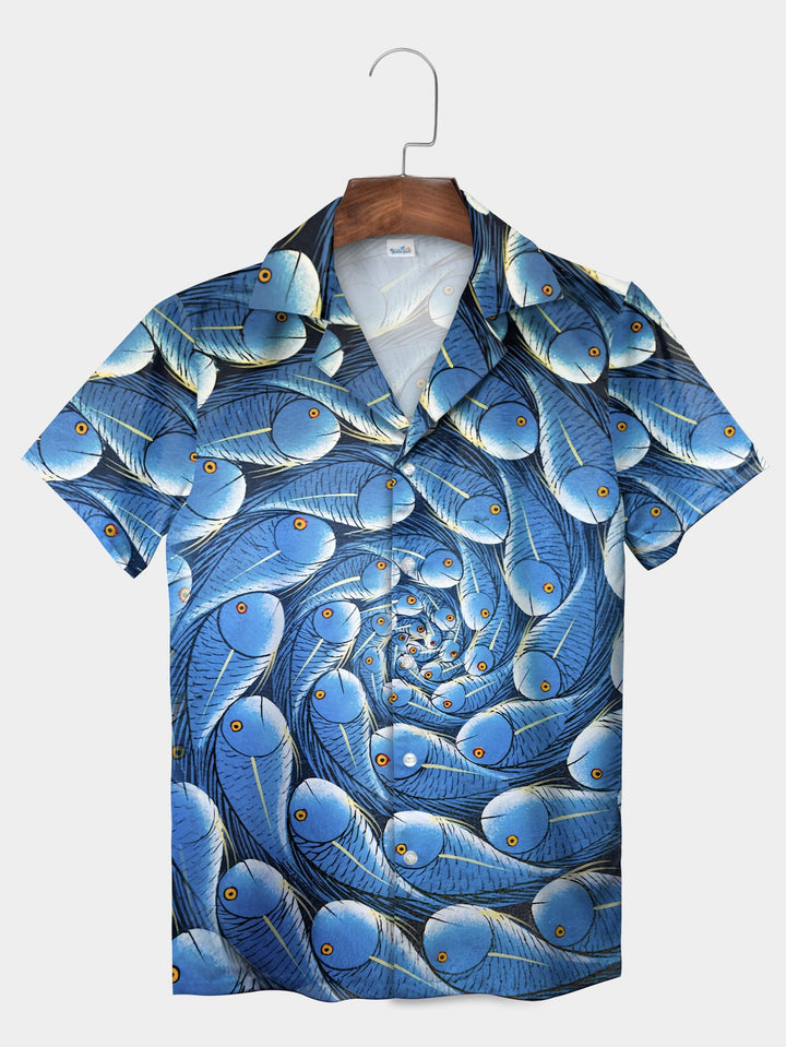 Blue Spiral Fish Hypnotic Swirling School Short Sleeve Aloha Shirt  Front