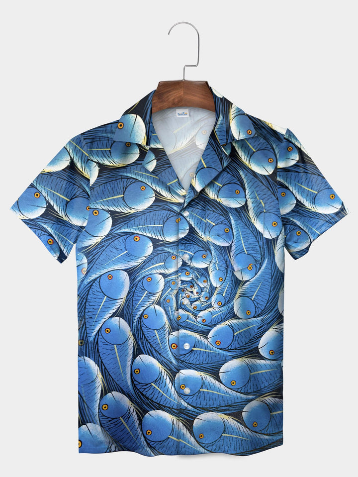 Blue Spiral Fish Hypnotic Swirling School Short Sleeve Aloha Shirt  Pocket