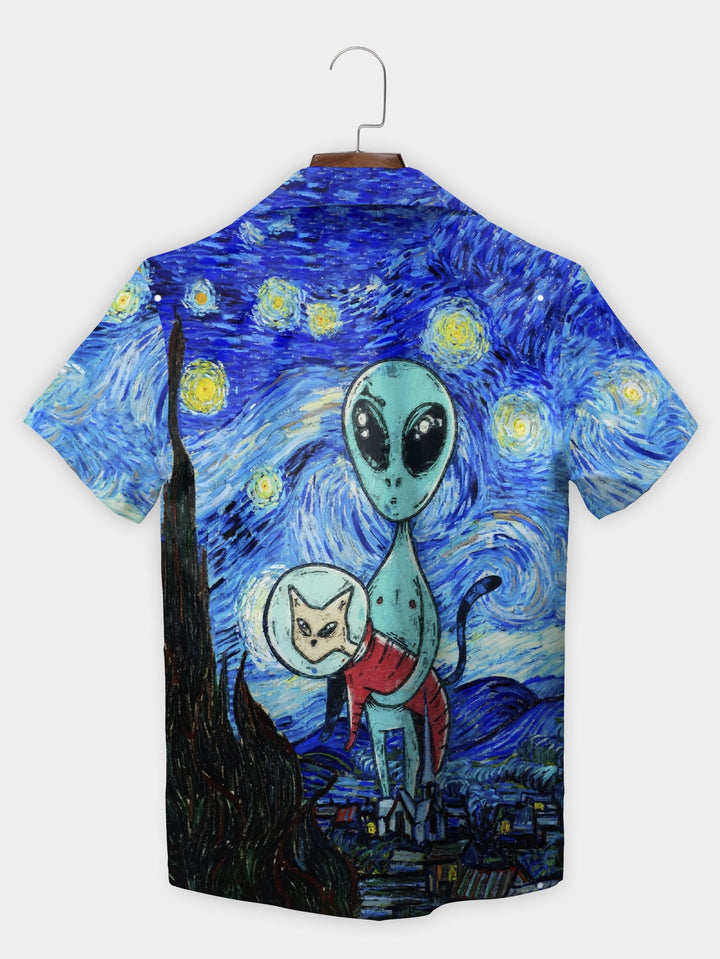 Blue Starry Alien Cat Companion Short Sleeve Hawaiian Shirt  Back