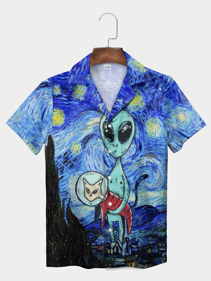 Blue Starry Alien Cat Companion Short Sleeve Hawaiian Shirt  Front