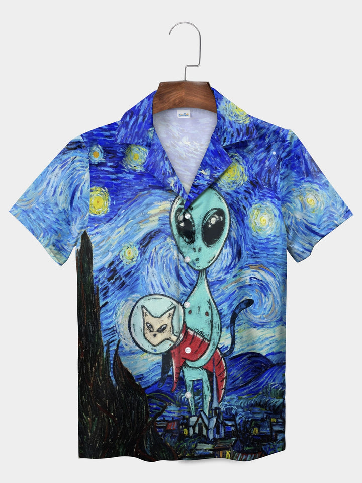 Blue Starry Alien Cat Companion Short Sleeve Hawaiian Shirt  Pocket