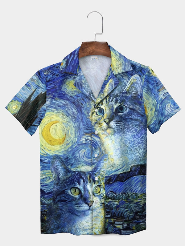 Blue Starry Night Cat Art Inspired Graphic Short Sleeve Aloha Shirt  Front