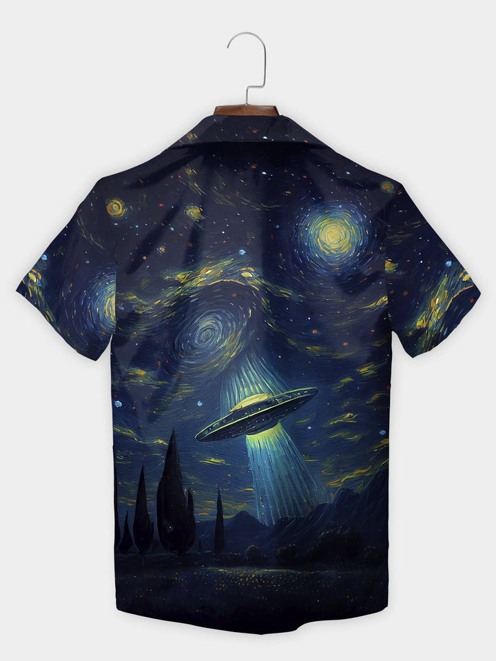 Blue Starry Night UFO Encounter Art Short Sleeve Hawaiian Shirt  Back