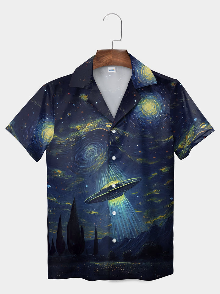 Blue Starry Night UFO Encounter Art Short Sleeve Hawaiian Shirt  Front