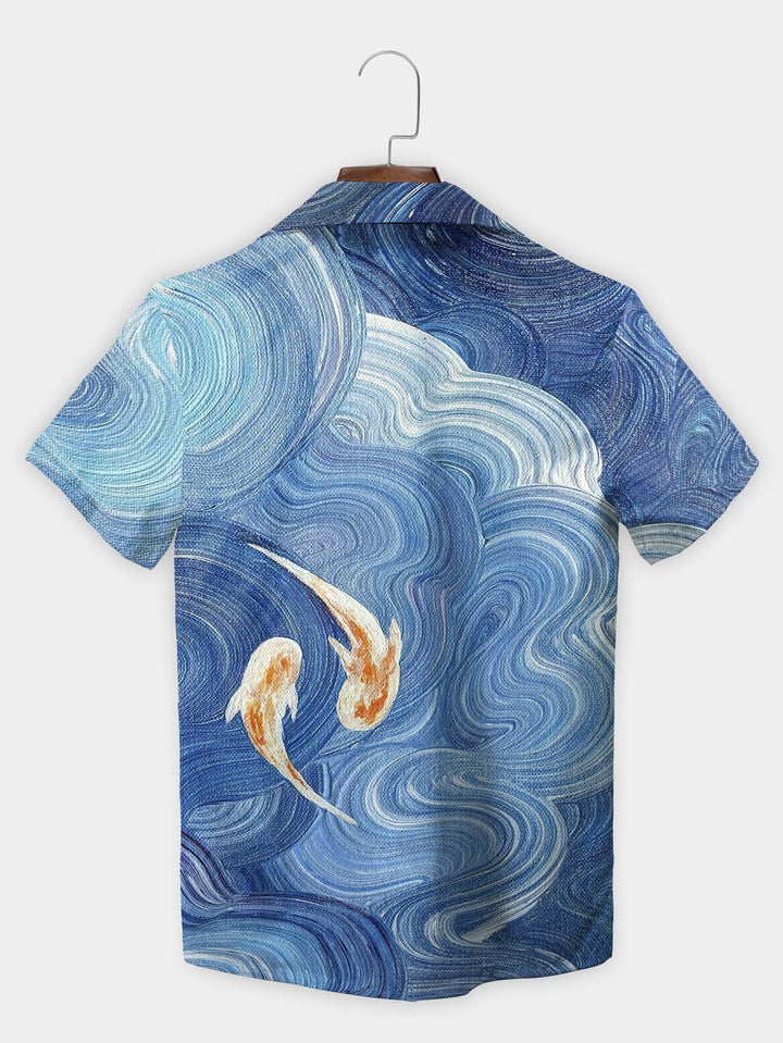 Blue Swirling Ocean Wave Koi Fish Design Short Sleeve Aloha Shirt  Back