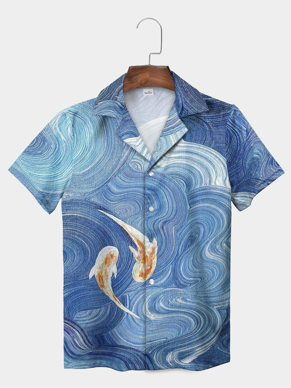 Blue Swirling Ocean Wave Koi Fish Design Short Sleeve Aloha Shirt  Front