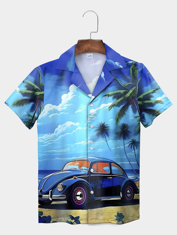 Blue Tropical Beach Car Scene Short Sleeve Hawaiian Shirt  Front