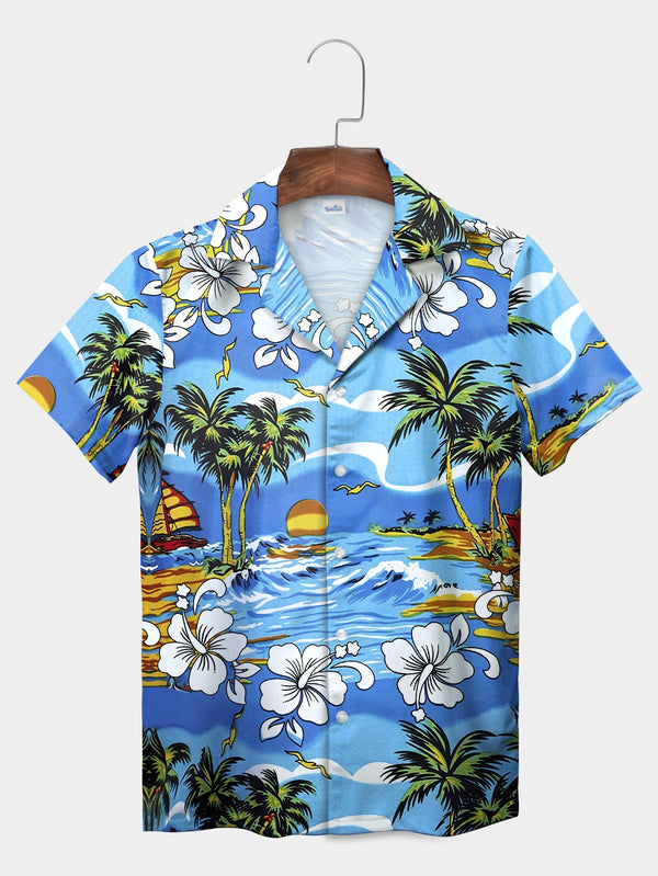 Blue Tropical Beach Scene Floral Coconut Tree Hawaiian Shirt