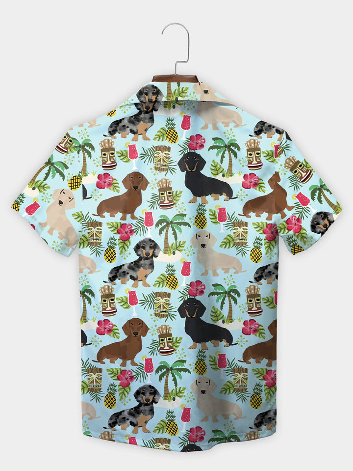 Blue Tropical Dog Tiki Pineapple Patterned Short Sleeve Hawaiian Shirt  Back