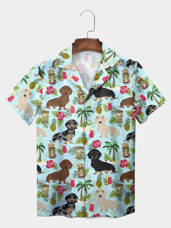 Blue Tropical Dog Tiki Pineapple Patterned Short Sleeve Hawaiian Shirt  Front