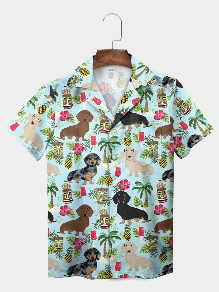 Blue Tropical Dog Tiki Pineapple Patterned Short Sleeve Hawaiian Shirt  Pocket