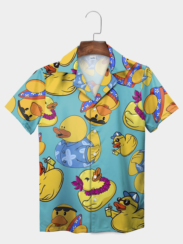 Blue Tropical Duck Vacation Theme Short Sleeve Hawaiian Shirt  Front