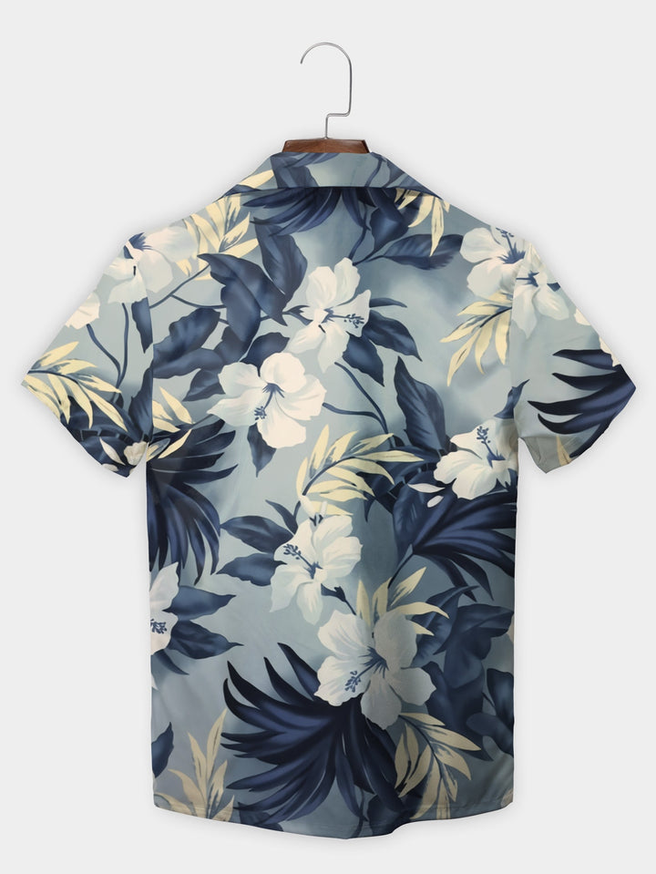 Blue Tropical Floral Pattern Relaxed Fit Short Sleeve Hawaiian Shirt  Back