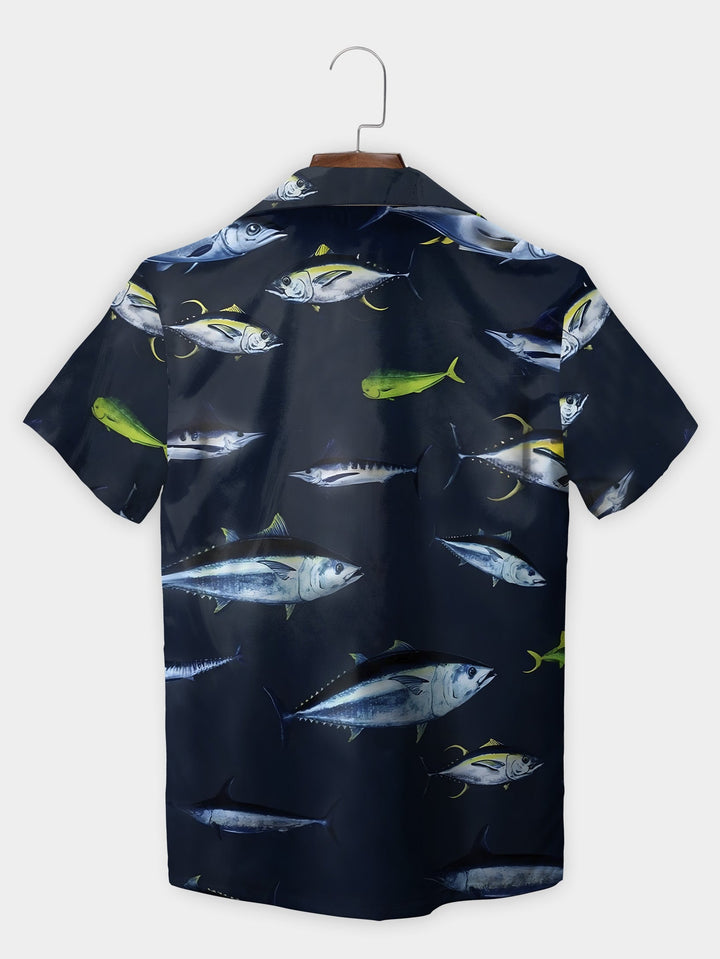 Blue Tuna Fish Print Deep Ocean Inspired Short Sleeve Hawaiian Shirt  Back