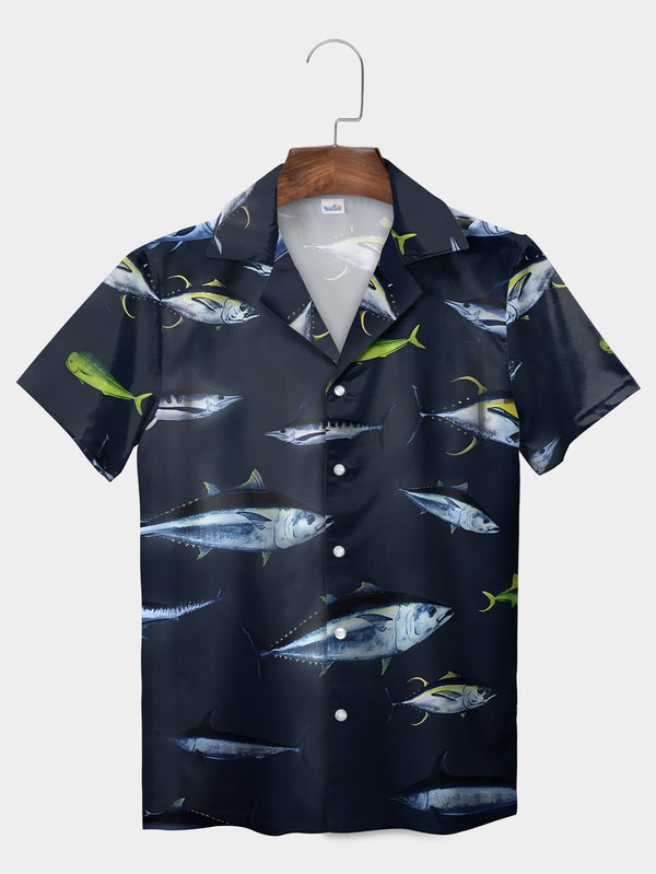 Blue Tuna Fish Print Deep Ocean Inspired Short Sleeve Hawaiian Shirt  Front