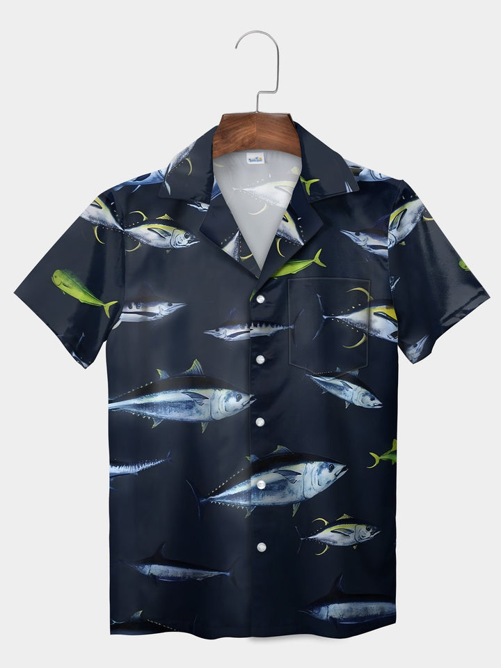 Blue Tuna Fish Print Deep Ocean Inspired Short Sleeve Hawaiian Shirt  Pocket