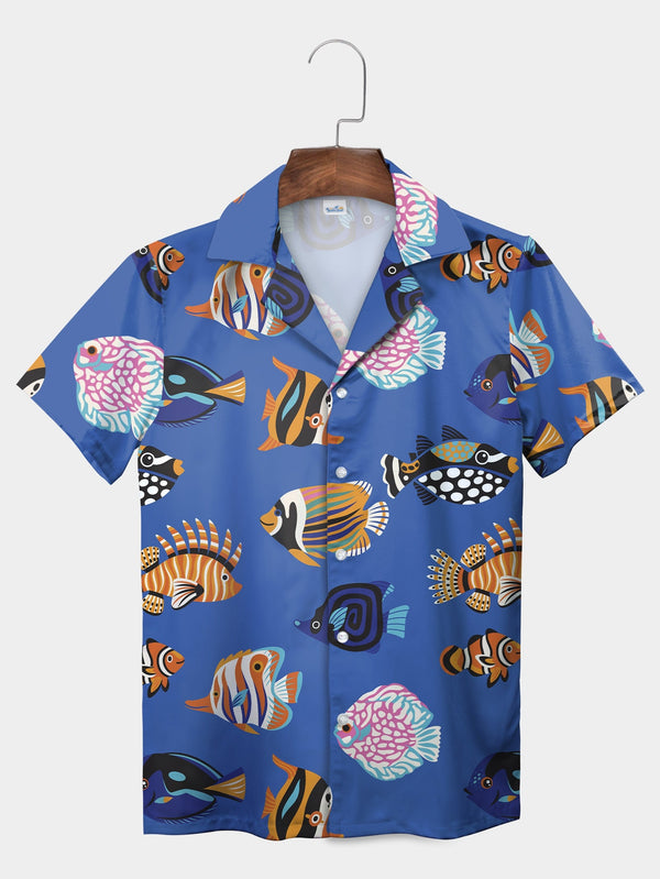 Blue Vibrant Tropical Fish Ocean Wildlife Short Sleeve Hawaiian Shirt  Front