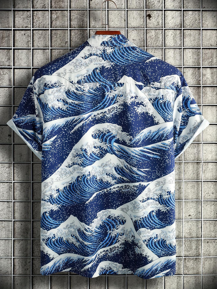 Blue Wave Ukiyo-e Art Print Short Sleeve Hawaiian Shirt  Back