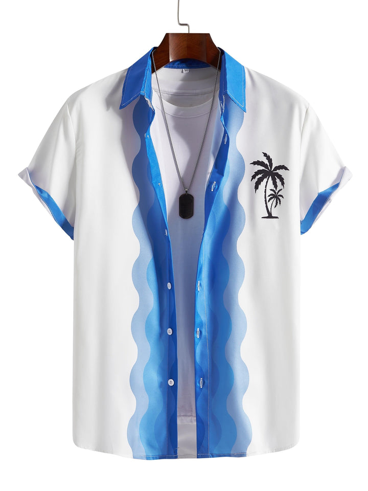 Blue Waves And Coconut Tree Pattern Short Sleeve Hawaiian Shirt  Front