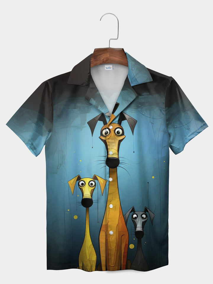 Blue Whimsical Dog Trio Cartoon Illustration Short Sleeve Aloha Shirt  Front