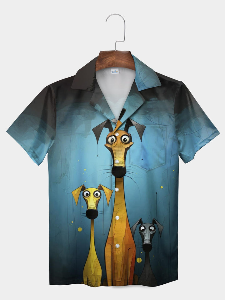 Blue Whimsical Dog Trio Cartoon Illustration Short Sleeve Aloha Shirt  Pocket